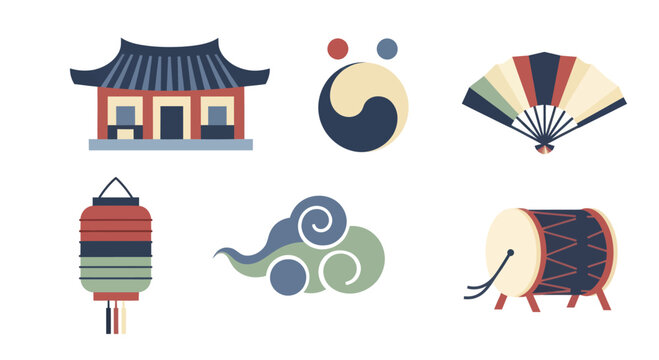 Traditional Korean Cultural Symbols and Icons Collection.