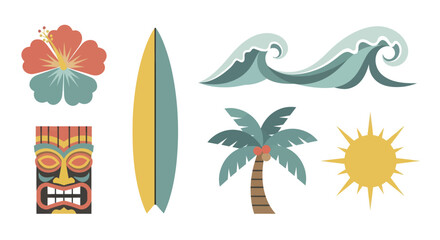 Vibrant Collection of Hawaiian and Surfing Themed Elements for Summer Fun. © art.Co