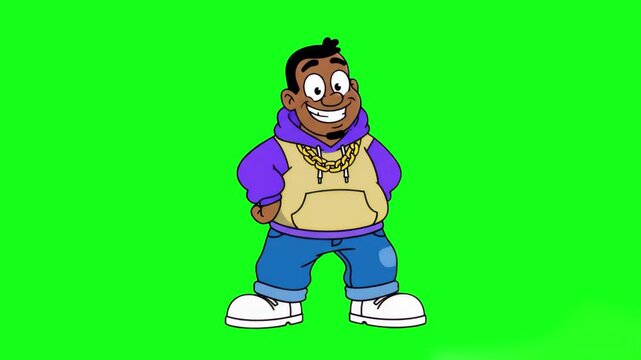A stylized 2D cartoon illustration of an expressive, smiling man with a gold chain and purple hoodie dancing joyfully against a solid green screen backdrop. Perfectly tailored for animated explainer v