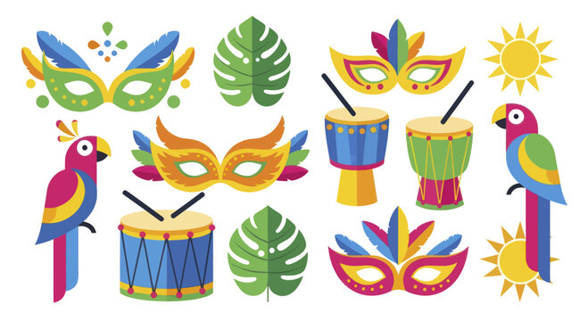 Vibrant Carnival Celebration with Masks, Drums, Parrots, and Tropical Leaves.