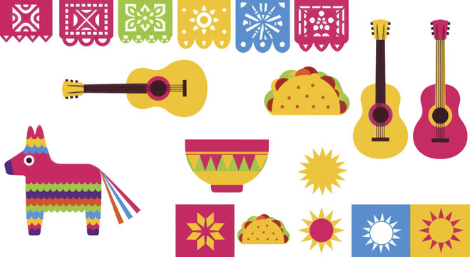 Vibrant Mexican Fiesta Elements Collection with Guitars and Pinata.