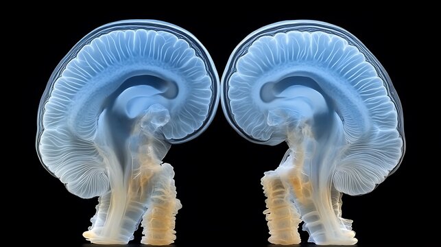 Two Symmetrical Brain Hemispheres Displayed in a Medial Sagittal View.