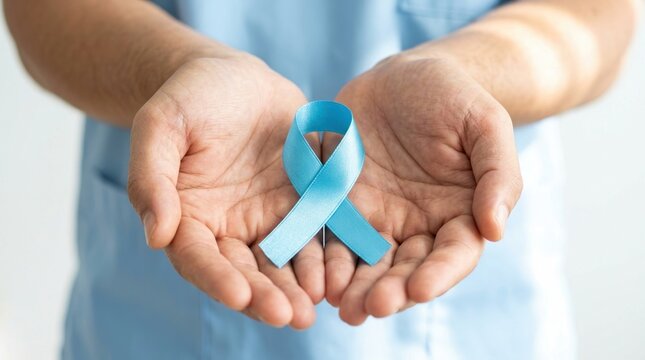 Blue ribbon, Prostate cancer, Awareness, Hands, Medical, Healthcare, Support representing men's health month and oncology prevention concepts in clinical hospital setting with soft focus.