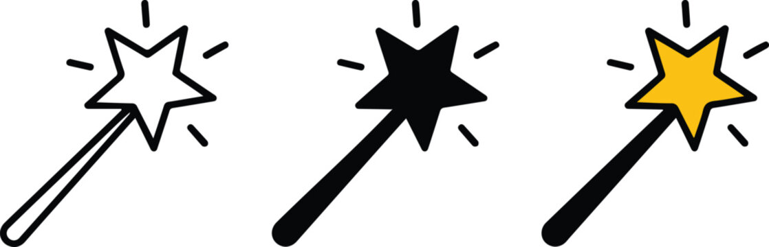 Set of magic wand icons with shining stars representing wizardry enchantment creative tools and automatic image editing effects for digital design.
