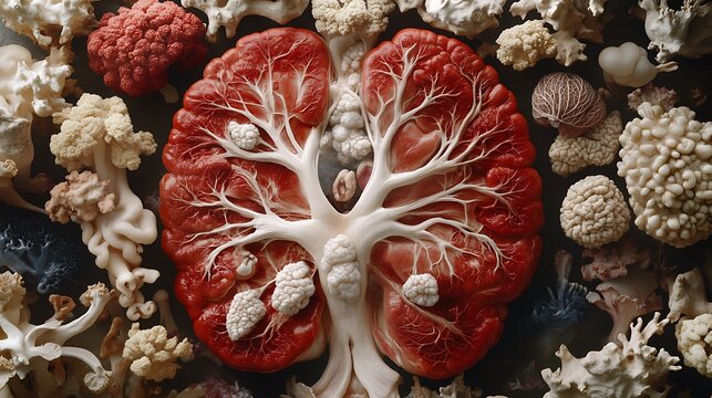 Vibrant Red Biological Formation Surrounded by Textured Organic Growths.