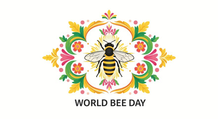 Obraz premium An illustration showcases a bee at the center of an ornate floral design with yellow, pink, and green colors, set against a white background to celebrate World Bee Day with a decorative