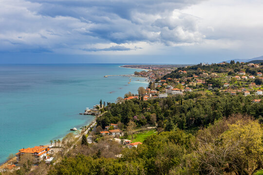 Beautiful aerial view of Platamonas Beach from Platamon Castle in Macedonia, Greece