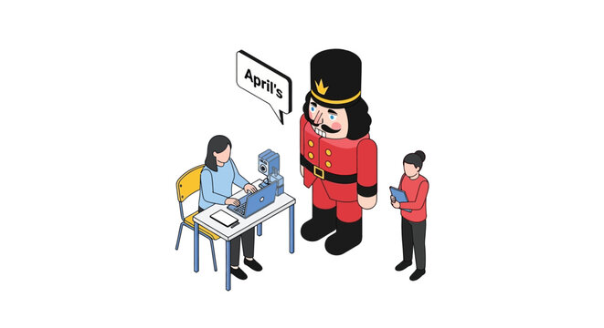 Isometric Illustration of a Nutcracker with People and Text Bubble.