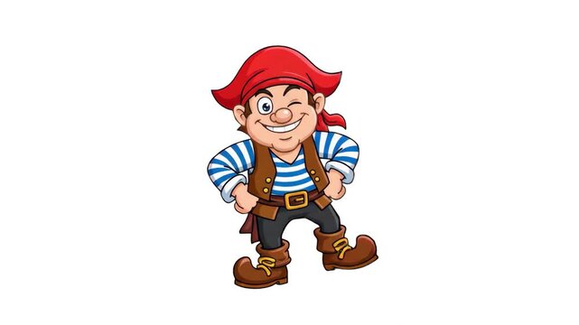 A friendly 2D cartoon pirate with a red bandana and striped shirt, dancing and flexing with confidence. A versatile character asset for games, educational content, or nautical-themed creative projects
