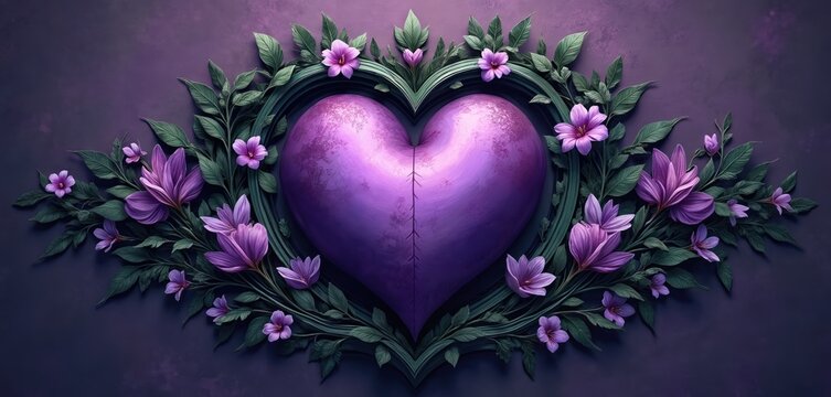 Purple heart embraced by lush green vines and delicate purple flowers. Artful floral frame creates a romantic, mysterious, and elegant border. Perfect for invitations, cards, or digital art.