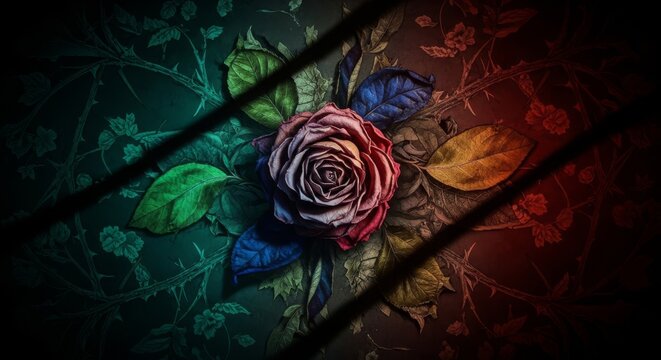 Moody grunge botanical wallpaper featuring wilted leaves and dark floral patterns illuminated by harsh, dramatic shadows and textures, noir, nature, wallpaper