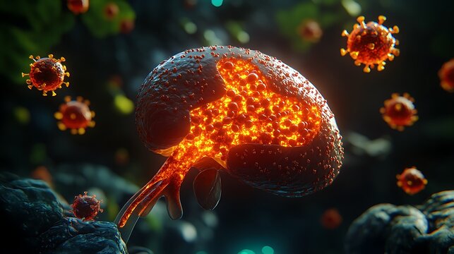 Viral infection glowing within kidney with microscopic attack on human organ.
