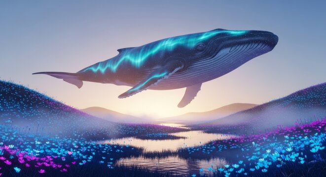 A massive whale floats gracefully over a lush swamp carpeted with vibrant, multicolored flowers in a dreamy, surreal wilderness setting, forest, bright, marsh