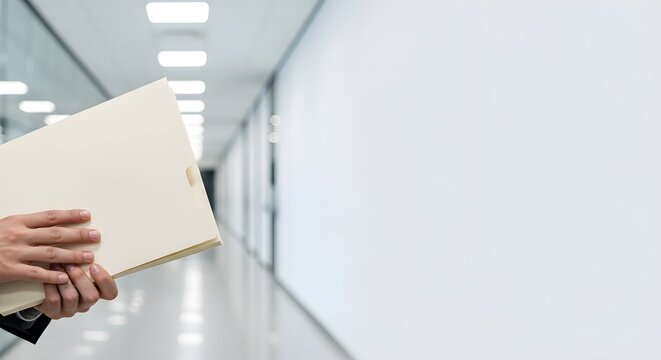 Professional Holding Manila File Folder in Blurred Modern Office Hallway Background with Copy Space