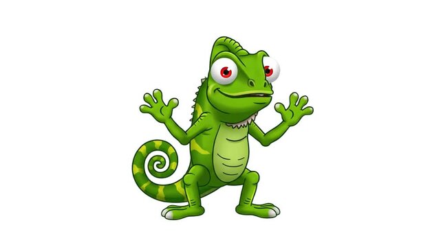 A clean 2D cartoon animated graphic of a friendly green chameleon waving its paws and dancing happily against an isolated white background. Perfect for explainer videos, mobile apps, educational clips
