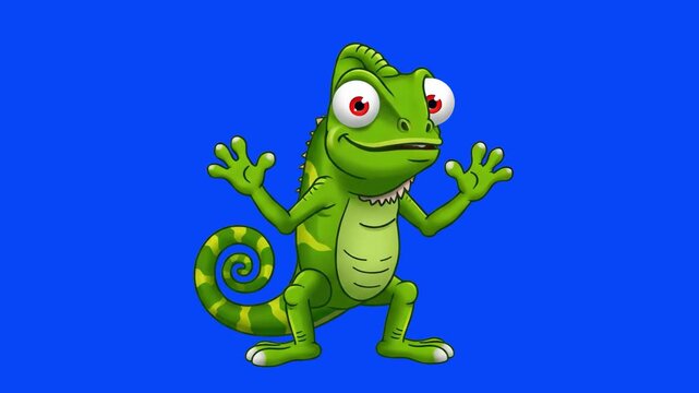 A vibrant 2D vector-style animation of a smiling green cartoon chameleon mascot dancing with hands open on a solid blue chroma key background. Excellent asset for educational children's content, presc