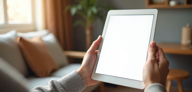 Person holds blank screen tablet device in cozy room setting. Soft focus background with couch and window. Customizable screen for app interface design.