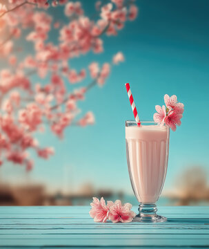 Refreshing strawberry smoothie decorated with sakura flowers against blue sky