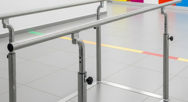 Close up of professional medical equipment for mobility rehabilitation featuring sturdy silver parallel bars over a modern clinic floor tile, recovery, exercise, walking