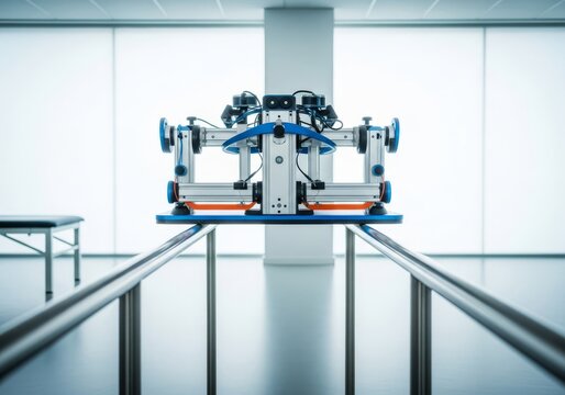 Advanced robotic mobility aid integrated with parallel steel bars inside a bright, modern physical therapy clinic featuring glass windows, device, health, treatment