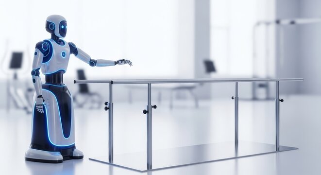 Advanced medical robot operates beside parallel bars in a bright rehabilitation center, providing support for walking exercise therapy, equipment, interior, humanoid