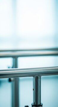 Close-up of sturdy metal parallel bars in a bright rehabilitation clinic, focusing on the grip and smooth surface for physical therapy, treatment, assistance, bright