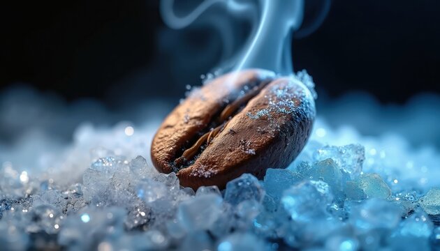 Single coffee bean rests on ice crystals releasing wisps of aromatic smoke. Close-up macro shot shows texture and contrast. Refreshing cool concept for beverages.