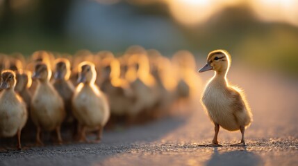 Fototapeta premium A single duckling stands apart from a flock on a sunlit path, showcasing delicate feathers and warm golden lighting during a serene sunset moment