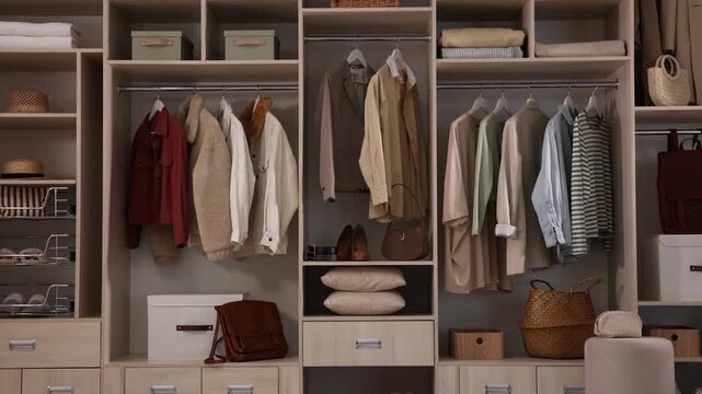 Wardrobe with different stylish clothes and home stuff indoors. Camera moving up