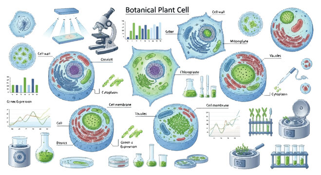 Botanical plant cell structure and components diagram with cell wall test tubes erlenmeyer flask golgi apparatus endoplasmic reticulum education