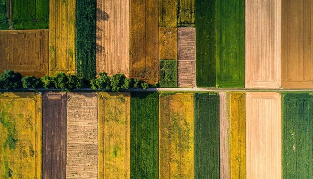 Aerial View of Diverse Agricultural Fields in a Patchwork Pattern.