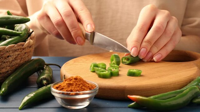 Woman cutting green chili pepper at table, closeup