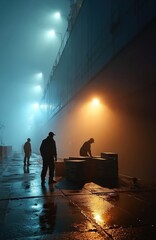 Fototapeta premium Workers load cargo crates onto a large ship at a foggy dock. Industrial lights cast dramatic shadows on wet ground. Maritime workers handle freight in twilight maritime scene.