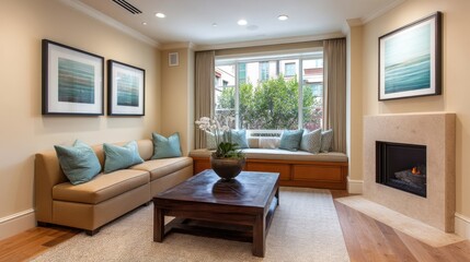 Fototapeta premium Cozy and Modern Living Room with Natural Light, Elegant Sofa, Abstract Art, Indoor Plant, and Stylish Fireplace in Contemporary Home Design