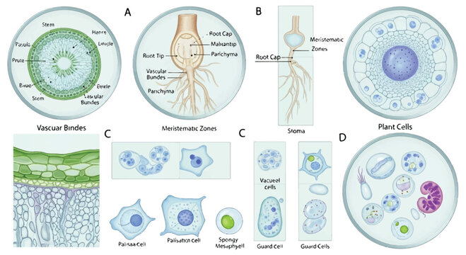Botanical cross-sections and cell structures illustrated with cross section life science botanical illustration plant anatomy biological structure