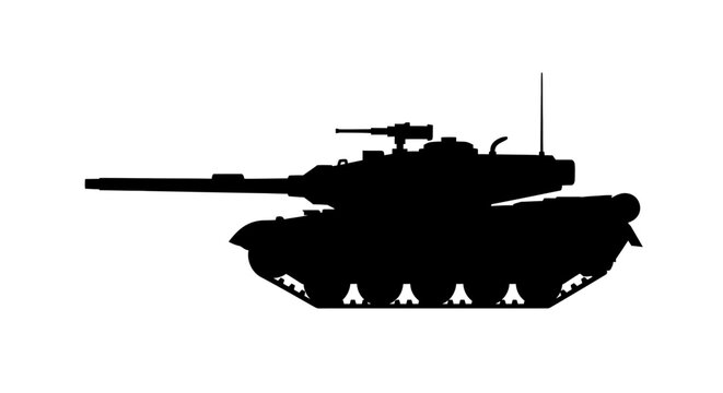 Silhouette of a modern battle tank with cannon and machine gun on white background