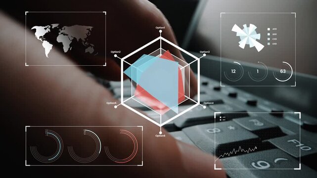Person typing on a keyboard with abstract data visualizations, graphs, and world map in the background, showcasing technology and analytics concept Gluon.