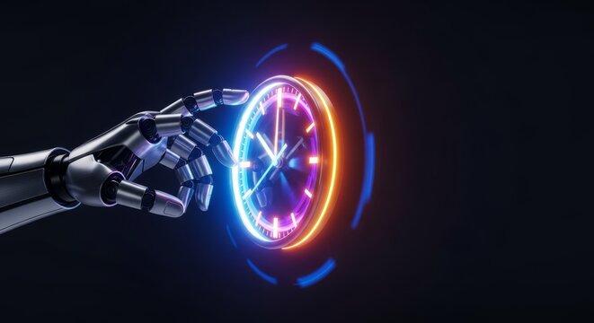 A sleek metallic robot reaches out with articulated fingers to grasp the rapidly spinning hands of a glowing analog clock in a dark room, cybernetic, urgency, future