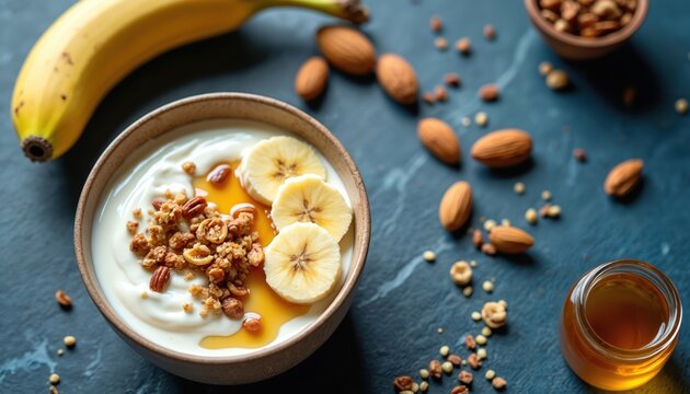 Bowl of yogurt with banana slices granola and honey drizzle. Fresh nuts and fruit are scattered on a blue textured surface. Healthy morning meal includes dairy.