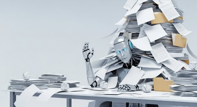 A futuristic silver robot sits at an office desk, completely overwhelmed and buried under a massive avalanche of white paper sheets and files, files, stress, work