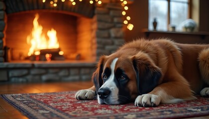Obraz premium Large Saint Bernard dog rests on rug near warm fireplace. Cozy home interior scene. Fluffy pet relaxes by fire glow. Winter comfort indoors.