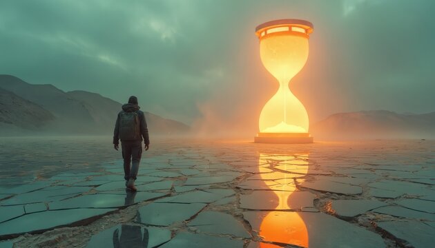 Man with backpack walks on cracked dry ground towards giant glowing hourglass. Surreal desert landscape, dramatic sky, sand flows inside time device. Future concept, end of time.