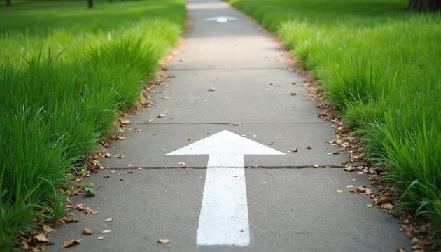 Concrete path with white arrow leads forward through green grass and fallen leaves. This walk guides you onward into nature a peaceful journey awaits.