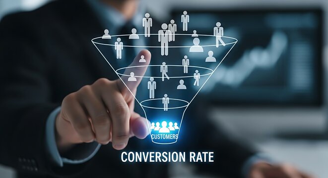 Marketing funnel analysis. An analyst's hands point to the bottom of a clean, holographic sales funnel where 'customer' icons appear, representing conversion rate.