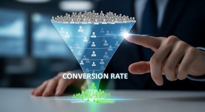Marketing funnel analysis. An analyst's hands point to the bottom of a clean, holographic sales funnel where 'customer' icons appear, representing conversion rate.
