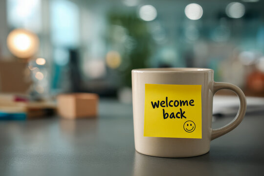 A ceramic coffee mug with a cheerful welcome back note on a yellow sticky note placed on a desk in a softly lit modern office environment