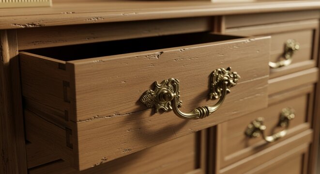 Antique Wooden Dresser Drawer with Ornate Brass Handle