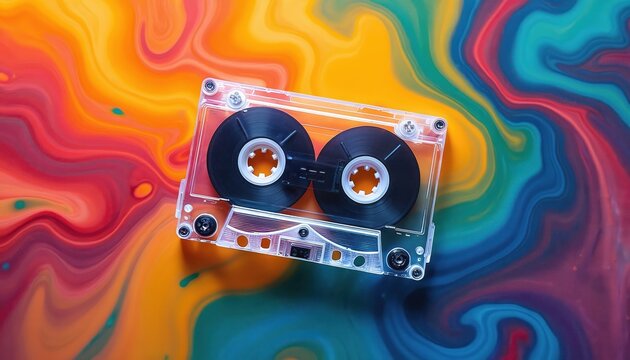 Clear cassette tape rests on vibrant abstract liquid paint swirls. Retro audio medium on colorful marble background, capturing music nostalgia and analog sound.