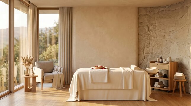 Spa room with massage table stone wall and sunset window