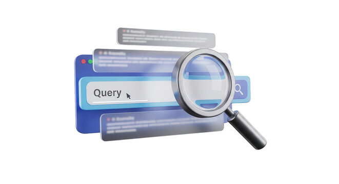 3D search bar icon isolated ob black background &ndash; magnifying glass and browser panels for query and discovery concept.